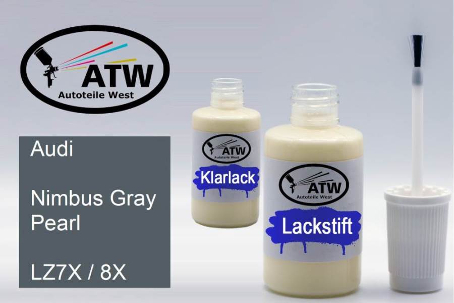 Audi, Nimbus Gray Pearl, LZ7X / 8X: 20ml Lackstift + 20ml Klarlack - Set, von ATW Autoteile West.